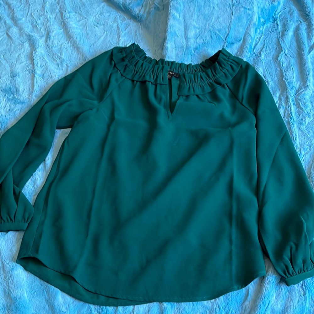 Green J. Crew Reimagined ruffle neck blouse